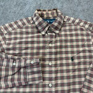Ralph Lauren Oxford Shirt Men S Beige Red Plaid Classic Fit OCBD 42"